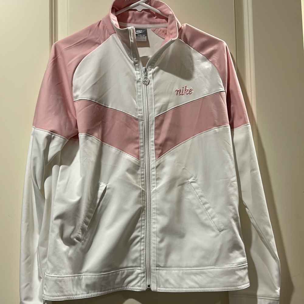 Nike Retro ZipUp lightweight pink white jacket pockets embroidered logo M(8-10)